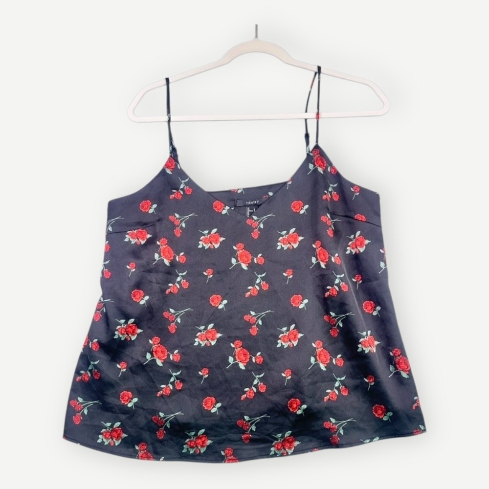 Forever 21 Black‎ Floral Cami Tank Top Adjustable Straps Size L
